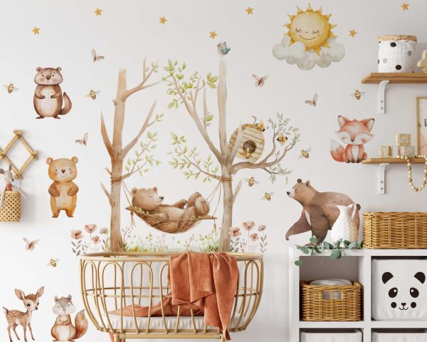 Woodland Animal Wall Sticker - Butterfly & Honey Bee Wall Art with Trees, Clouds Floral Wall Art - Cute Kids Room, Playroom Decor