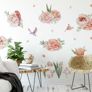 Watercolor Peony Wall Sticker -  Birds and Floral Home Decor - Nature-Inspired Wall Art for Bedroom, Living Room, or Office