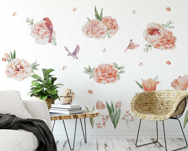 Watercolor Peony Wall Sticker -  Birds and Floral Home Decor - Nature-Inspired Wall Art for Bedroom, Living Room, or Office