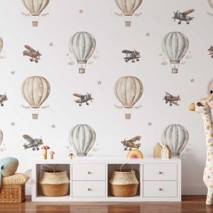 Hot Air Balloon and Airplane Wall Stickers - Vintage Adventure Decals for Kids Room , Removable Fabric Stickers