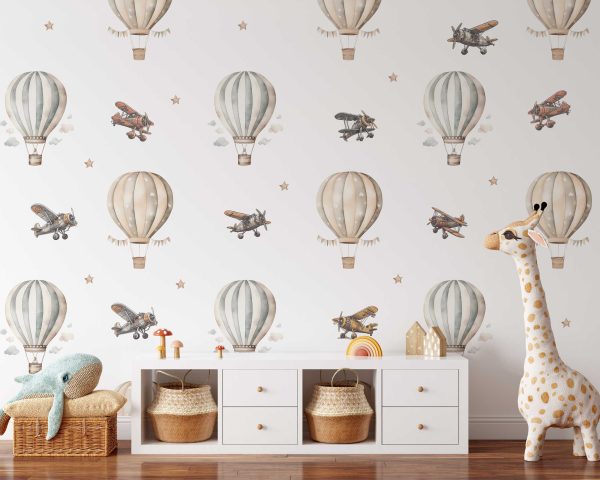 Hot Air Balloon and Airplane Wall Stickers - Vintage Adventure Decals for Kids Room , Removable Fabric Stickers