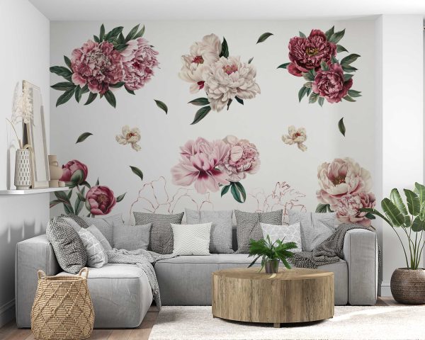 Peony Watercolor Floral Wall Stickers - Removable Wall Decals for Bedroom Decor -  Peel and Stick Mural for Bedroom or Living Room Decor
