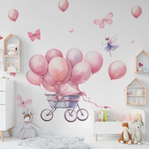 Fairy Balloon Nursery Wall Sticker - Butterfly Baby Room Wall Decal - Pastel Pink Playroom Sticker Kids Room Wall Art, Baby Room Decor