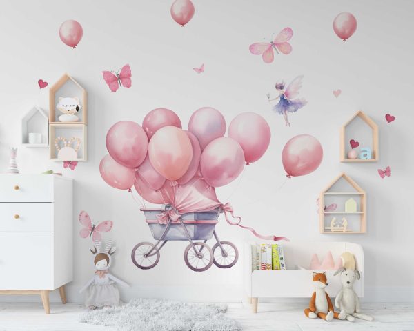 Fairy Balloon Nursery Wall Sticker - Butterfly Baby Room Wall Decal - Pastel Pink Playroom Sticker Kids Room Wall Art, Baby Room Decor