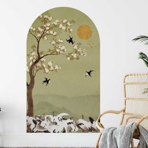 Chinoiserie Tree and Birds Wall Sticker - Sun Arch Design - High-Quality Fabric Decal - Headboard Wall Sticker