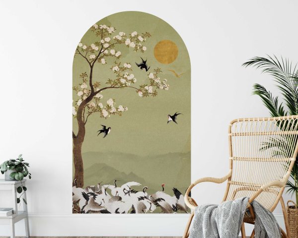 Chinoiserie Tree and Birds Wall Sticker - Sun Arch Design - High-Quality Fabric Decal - Headboard Wall Sticker