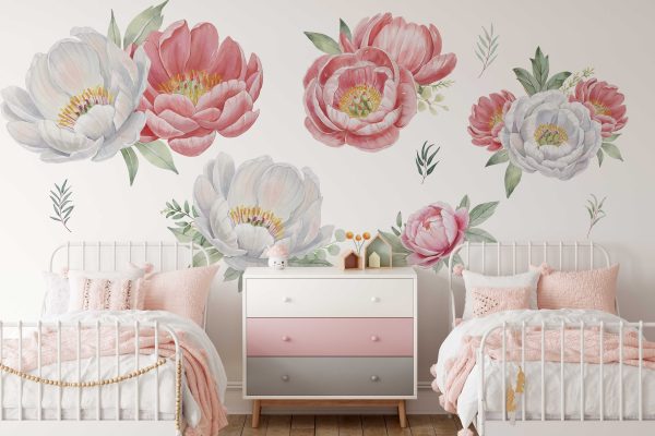 Peony Flower Wall Decals - Watercolor Floral Wall Decal for Home and Living Room Decor - Floral Wall Decor Gift for Nature Lovers