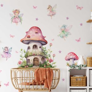 Fairy Tale Animal Nursery Wall Sticker - Cute Mushroom House Fairy Wall Decal for Baby Room & Girl Nursery Decor