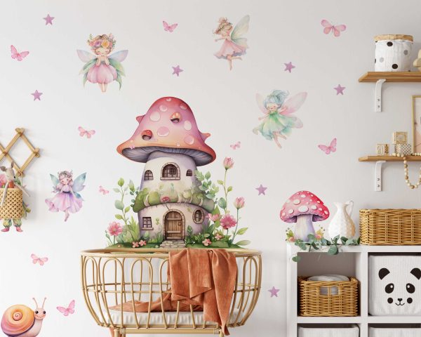 Fairy Tale Animal Nursery Wall Sticker - Cute Mushroom House Fairy Wall Decal for Baby Room & Girl Nursery Decor