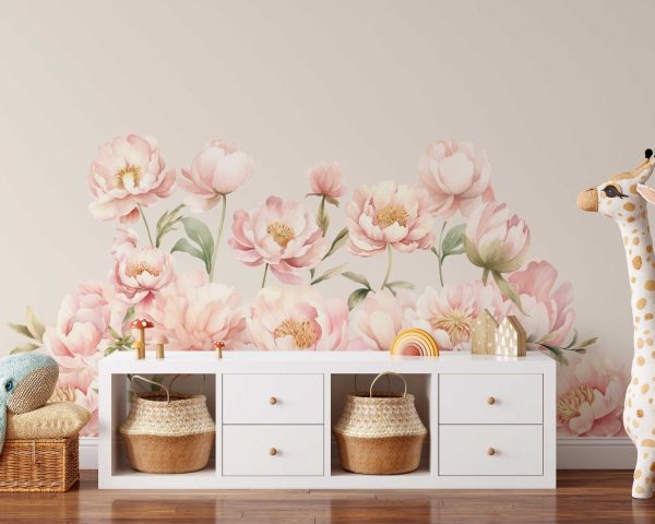 Watercolor Peony Flower Wall Decal - Floral Wall Art & Coral Headboard Decor - Botanical Wall Stickers for Bedroom, Living Room  Wall Decor