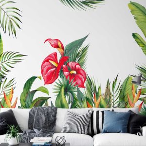 Tropical Wall Art Leaves Flowers - Removable Wall Sticker for Home Decoration, Bedroom or Nursery Room Decor