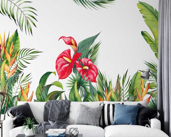 Tropical Wall Art Leaves Flowers - Removable Wall Sticker for Home Decoration, Bedroom or Nursery Room Decor