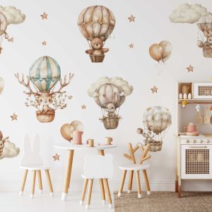 Woodland Animal Hot Air Balloon Wall Decal - Animal Wall Art with Clouds & Stars - Kids Room Transport wall sticker, Playroom Wall Decor