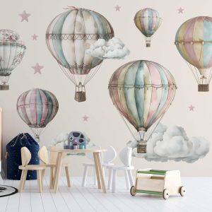 Vintage Transport Nursery Wall Sticker - Hot Air Balloon Wall Decal for Baby Room - Cute Nursery Wall Art for Kids Room