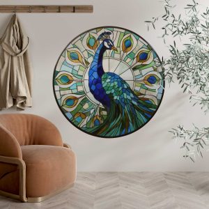 Stained Glass Peacock Round Wall Decal, Elegant Art Nouveau Removable Sticker, Colorful Home Decor for Living Room Art