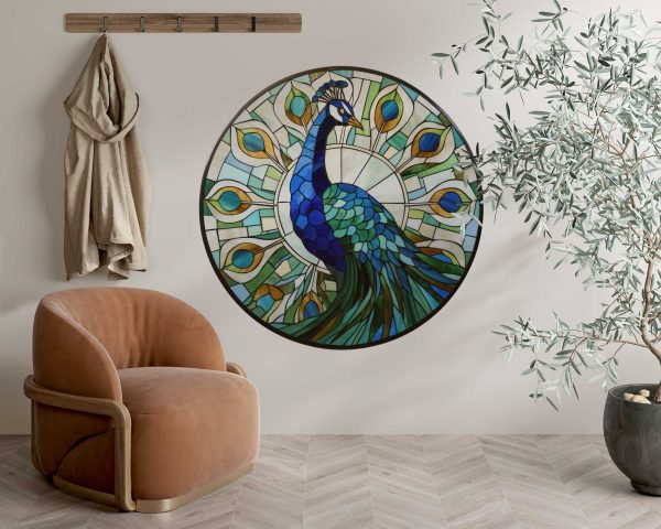 Stained Glass Peacock Round Wall Decal, Elegant Art Nouveau Removable Sticker, Colorful Home Decor for Living Room Art