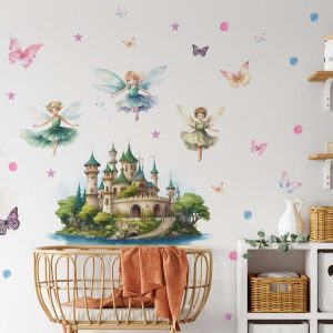 Fairy Wall Sticker with Castle Art Butterfly Design - Enchanted Forest Kids Room Decal - Magical Playroom Sticker & Baby Room Wall Art