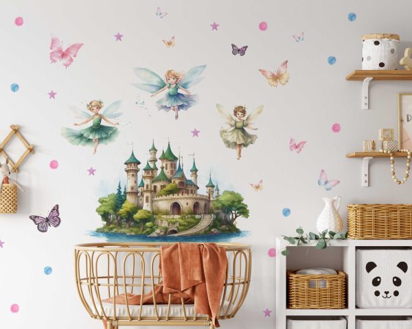Fairy Wall Sticker with Castle Art Butterfly Design - Enchanted Forest Kids Room Decal - Magical Playroom Sticker & Baby Room Wall Art