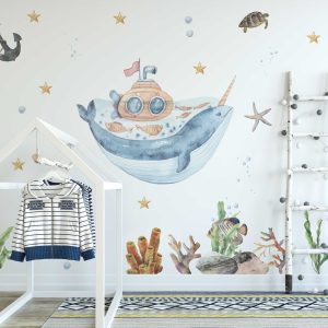 Watercolor Whale Ocean Wall Decal - Nautical Wall Art for Kids Room, Playroom & Nursery Decor - Cute Sea Life Theme Sticker