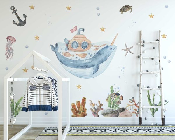 Watercolor Whale Ocean Wall Decal - Nautical Wall Art for Kids Room, Playroom & Nursery Decor - Cute Sea Life Theme Sticker