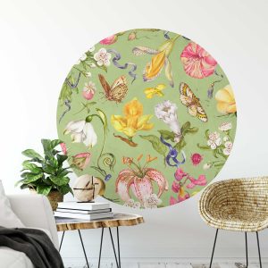 Vintage Circle Wall Sticker - Botanical Flower Wall Art & Headboard Decor - Fabric Wall Sticker for Living Room and Bedroom Decor