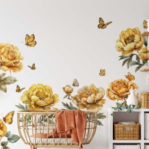 Watercolor Flower Wall Sticker - Butterfly Wall Decor Nature-Inspired Wall Stickers for Bedroom Decor - Home and Living Room Decor