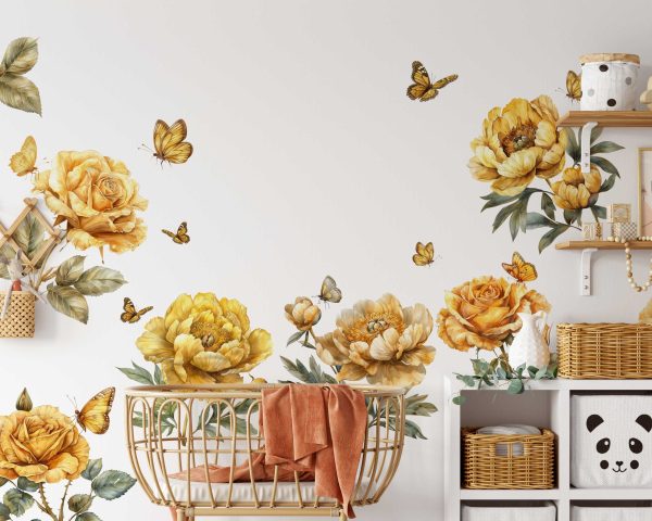 Watercolor Flower Wall Sticker - Butterfly Wall Decor Nature-Inspired Wall Stickers for Bedroom Decor - Home and Living Room Decor