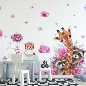 Giraffe Floral  Wall Sticker - Animal Wall Art & Nursery Wall Decal - Cute Kids Room Decor, Playroom Girls Bedroom Decor