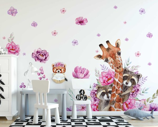 Giraffe Floral  Wall Sticker - Animal Wall Art & Nursery Wall Decal - Cute Kids Room Decor, Playroom Girls Bedroom Decor