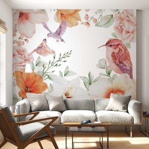 Watercolor Floral Wall Sticker - Birds and Flowers Home Decor - Botanical Wall Decoration for Living Room, Bedroom, or Office Decor
