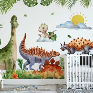 Dinosaur Nursery Wall Sticker - Jungle Dinosaur Playroom Wall Art - Baby Room Decoration & Kids Wall Decals