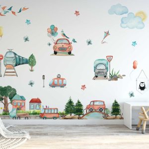 Transport Wall Decal for Nursery Decor - Cute Cars, Trains, Bus Stickers - Kids Room & Nursery Wall Art for Baby Room Decor