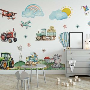 Farm Animal Nursery Wall Sticker - Hot Air Balloon & Transport Wall Decal - Cute Nursery Wall Art for Nursery Decor