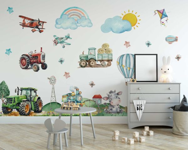 Farm Animal Nursery Wall Sticker - Hot Air Balloon & Transport Wall Decal - Cute Nursery Wall Art for Nursery Decor