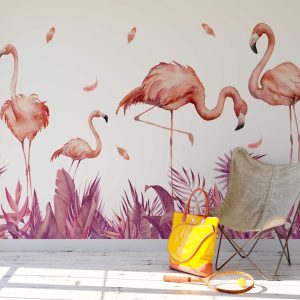 Tropical Wall Art Flamingo Decor - Pink and Purple Flamingo Wall Sticker for Nursery, Bedroom or Living Room Mural