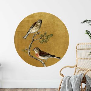 Vintage Birds on Branch Circle Wall Sticker - Two Birds on Branch in Gold Background, Living Room Art, Nature Inspired Wall sticker