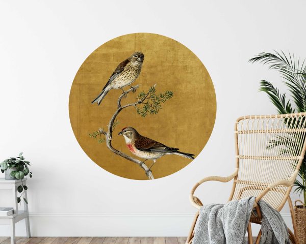 Vintage Birds on Branch Circle Wall Sticker - Two Birds on Branch in Gold Background, Living Room Art, Nature Inspired Wall sticker