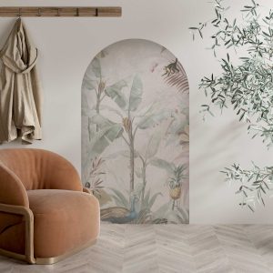 Tropical Wall Decal Peacock Jungle - Arch Botanical Wall Sticker for Nursery or Living Room Nature Decor