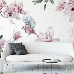 Magnolia Flowers Wall Stickers - Watercolor Bird and Floral Decals, Peel and Stick Mural for Bedroom, Nursery, or Living Room Decor