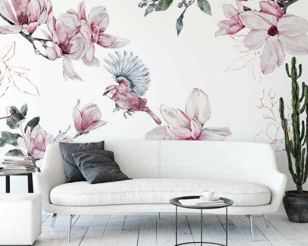 Magnolia Flowers Wall Stickers - Watercolor Bird and Floral Decals, Peel and Stick Mural for Bedroom, Nursery, or Living Room Decor