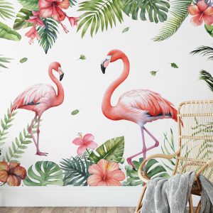 Tropical Wall Decal Flamingo Leaves - Jungle Theme Bedroom or Nursery Wall Sticker for Modern Room and Living Decor