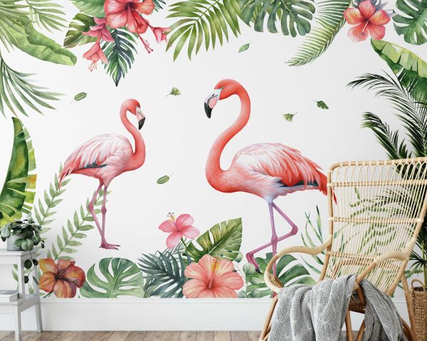 Tropical Wall Decal Flamingo Leaves - Jungle Theme Bedroom or Nursery Wall Sticker for Modern Room and Living Decor