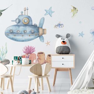 Watercolor Ocean Wall Decal - Submarine Wall Art for Kids Room, Playroom & Nursery Decor - Cute Underwater Theme Baby Gift Idea
