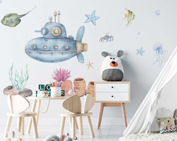 Watercolor Ocean Wall Decal - Submarine Wall Art for Kids Room, Playroom & Nursery Decor - Cute Underwater Theme Baby Gift Idea