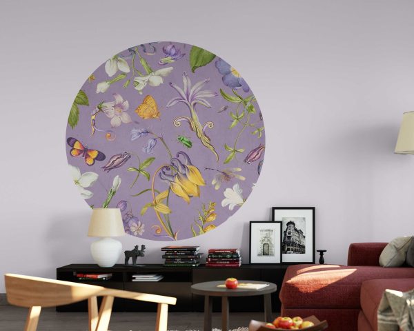 Watercolor Flowers Circle Wall Sticker - Butterfly Wall Decor & Floral Wall Art - Headboard Decal for Home and Living Room decor
