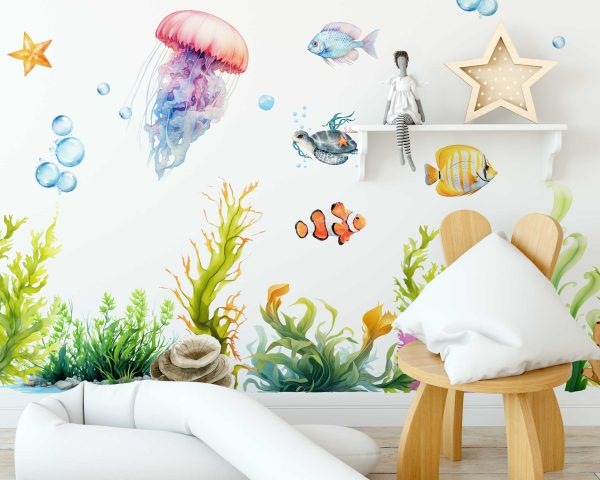 Watercolor Fish Wall Sticker - Sea Wall Art for Kids Room, Playroom & Nursery Decor - Cute Ocean Wall Decal for Underwater Nursery Decor