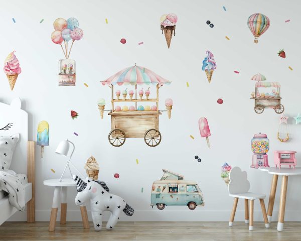 Ice Cream Wall Sticker for Kids Room - Pastel Hot Air Balloon Nursery Wall Art - Nursery Wall Decals for Girl Room Decor