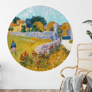 Van Gogh Countryside Painting Wall Decal - Vintage Oil Painting Mural Retro Circle Wall Sticker - Textured Headboard Wall Art for Home Decor