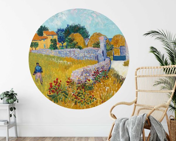 Van Gogh Countryside Painting Wall Decal - Vintage Oil Painting Mural Retro Circle Wall Sticker - Textured Headboard Wall Art for Home Decor