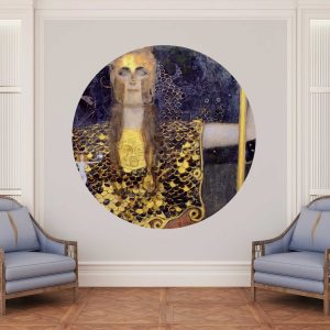 Gustav Klimt Pallas Athena Circle Wall Sticker - Gold and Blue Headboard Decal for Living Room, Bedroom, or Home Office Decor